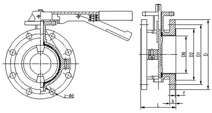D41F手動法蘭蝶閥，不銹鋼法蘭蝶閥，襯四氟法蘭蝶閥結(jié)構(gòu)尺寸