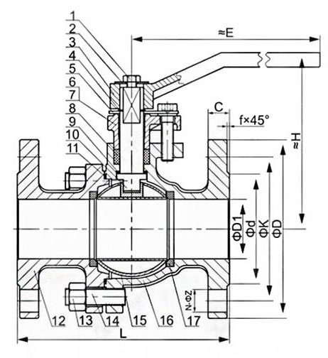Q41F-10K日標球閥結構圖 Q41F-10K日標球閥結構圖